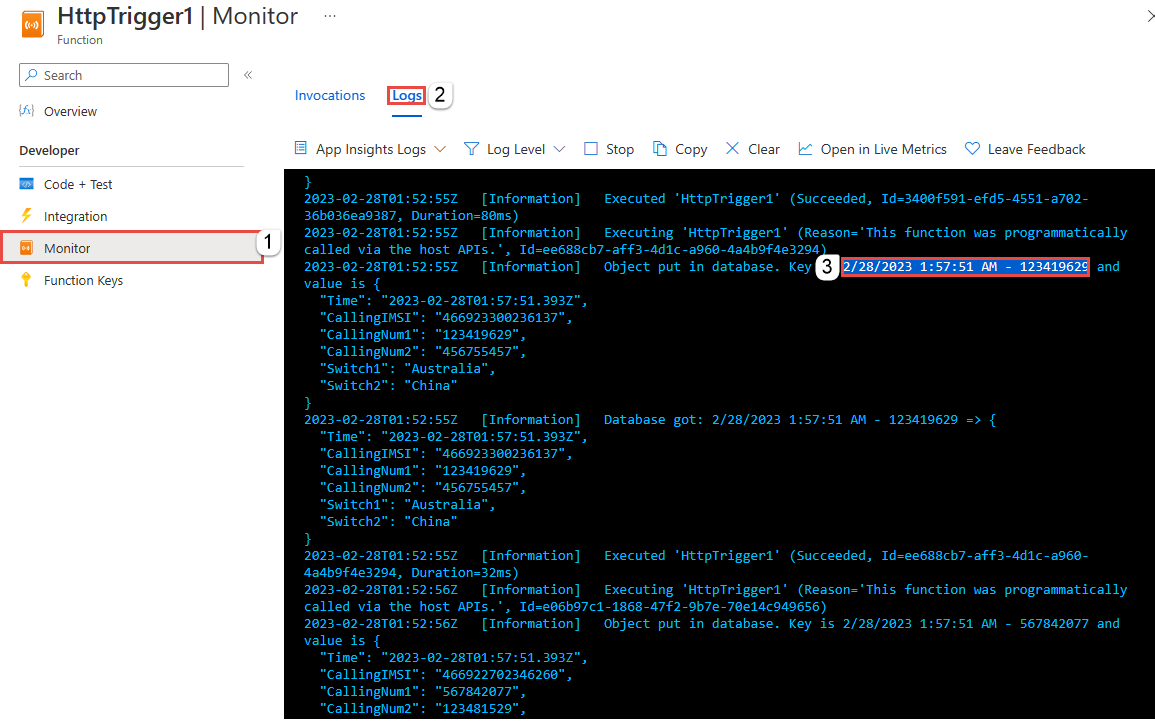 Snímek obrazovky se stránkou Monitorování protokolů pro funkci Azure 