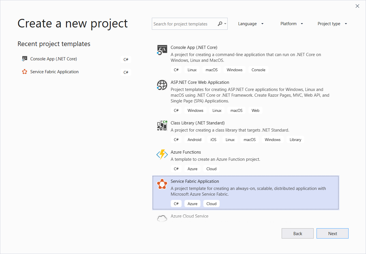 Cuadro de diálogo de proyecto nuevo en Visual Studio