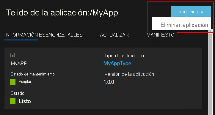 Deleting an application in Service Fabric Explorer