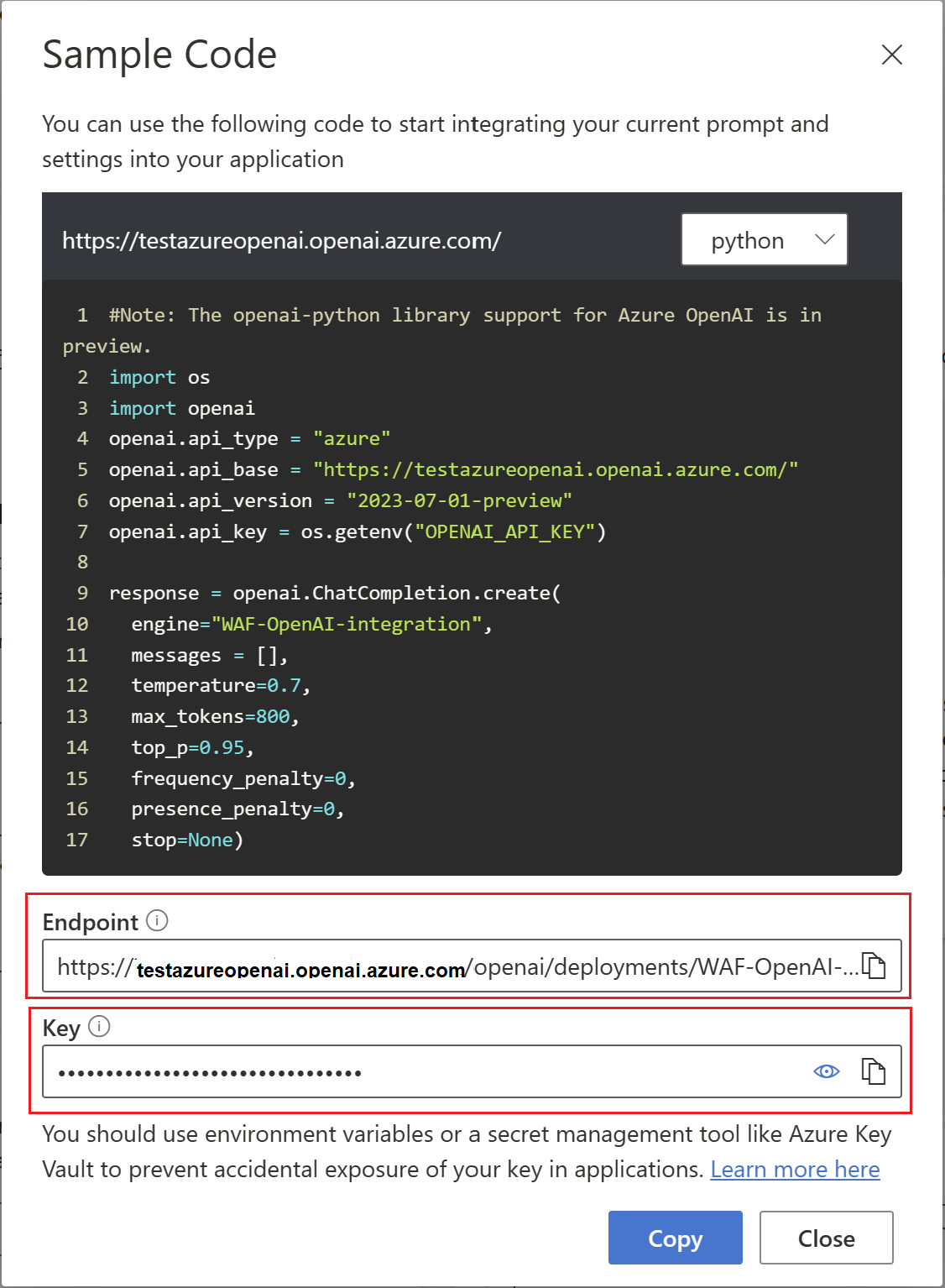 Captura de pantalla que muestra código de ejemplo con Punto de conexión y Clave de Azure OpenAI.