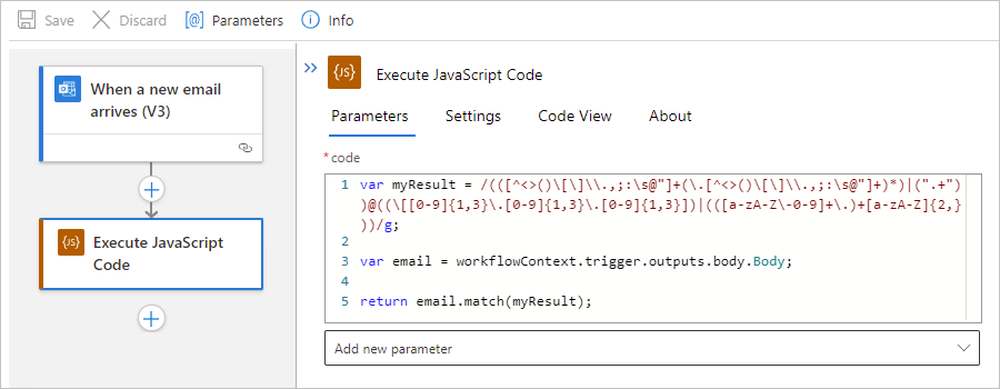 Screenshot che mostra l'azione Flusso di lavoro dell'app per la logica Standard e Esegui codice JavaScript con un'istruzione restituita.