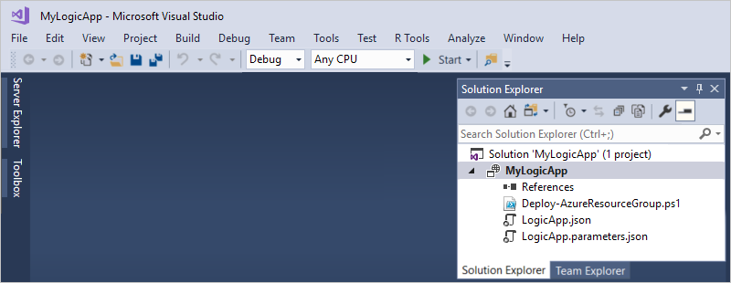 Screenshot che mostra Esplora soluzioni con la nuova soluzione di app per la logica e il file di distribuzione.