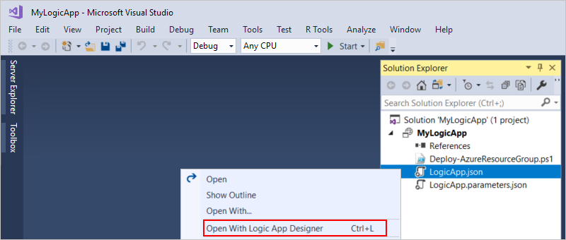 Screenshot che mostra la finestra di progettazione del flusso di lavoro con il file json dell'app per la logica aperto.