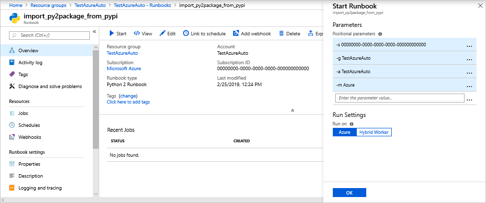 스크린샷은 오른쪽에 있는 Runbook 시작 창을 사용하여 import_py2package_from_pypi에 대한 개요 페이지를 보여 줍니다.
