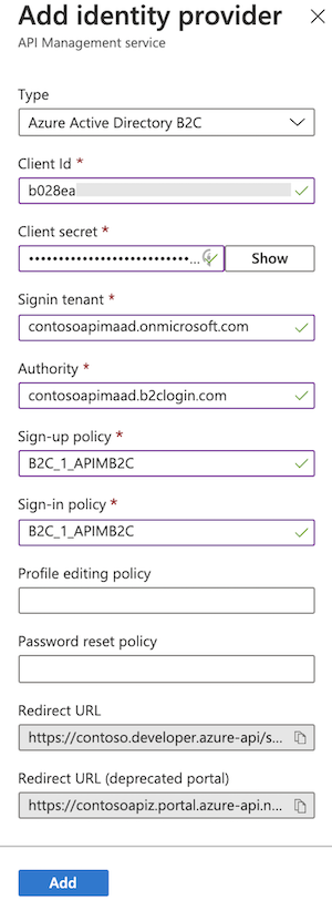 Schermopname van de configuratie van de Active Directory B2C-id-provider in de portal.