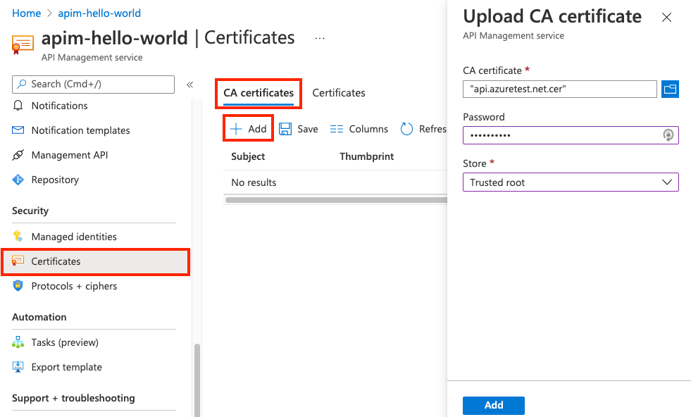 CA-certificaat toevoegen in Azure Portal