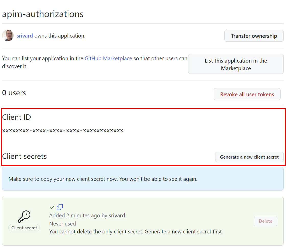 Schermopname van het ophalen van de client-id en het clientgeheim voor de toepassing in GitHub.