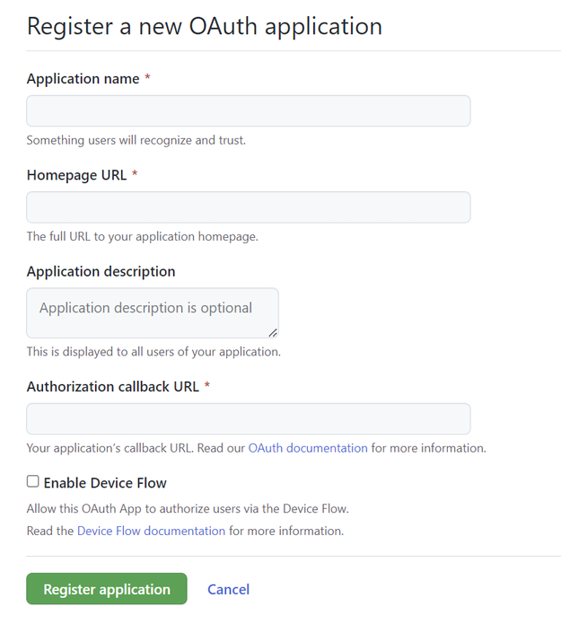 Schermopname van het registreren van een nieuwe OAuth-toepassing in GitHub.