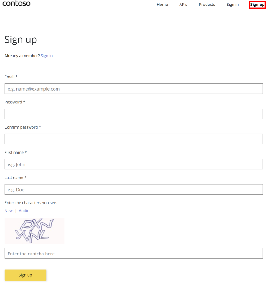 Schermopname van de registratiepagina in de ontwikkelaarsportal.