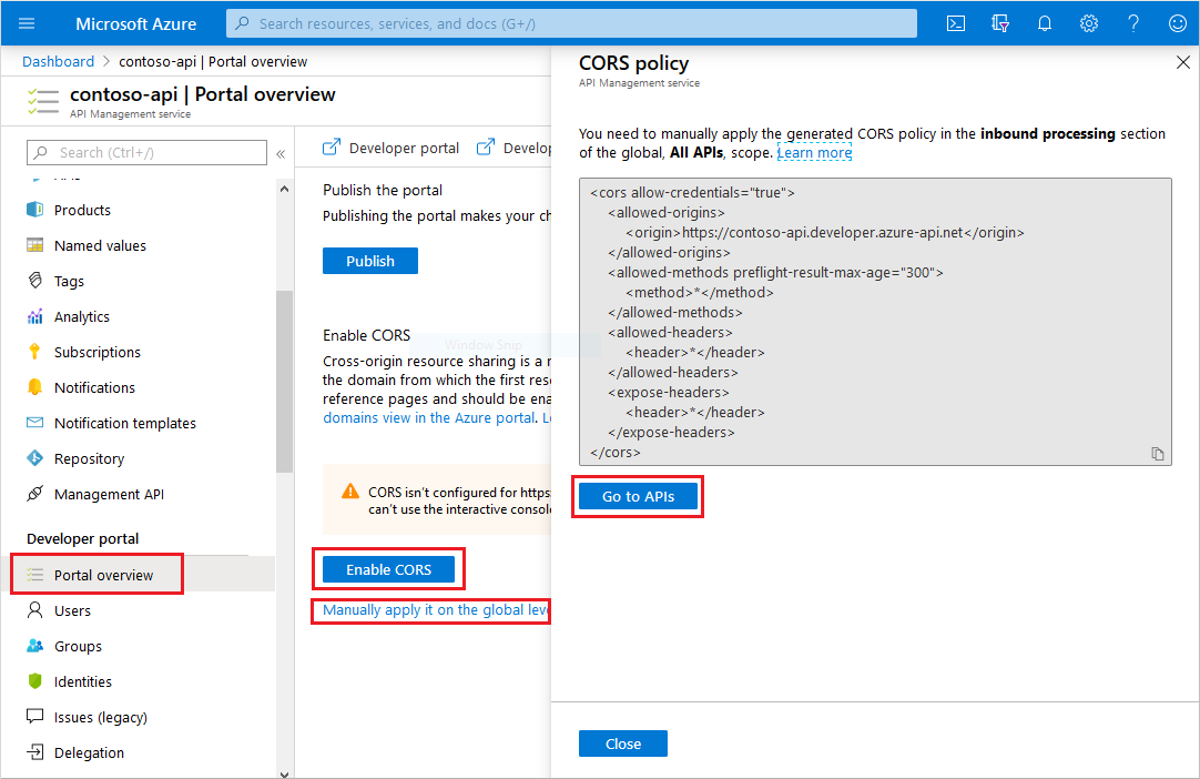 Schermopname van waar u de status van uw CORS-beleid kunt controleren in de ontwikkelaarsportal.