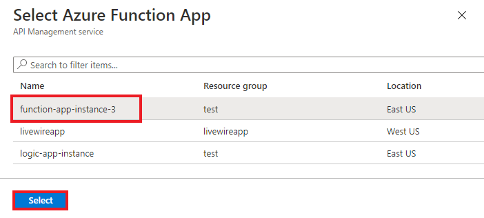 Schermopname die de Functie-app waaruit u functies wilt importeren en de knop Selecteren markeert.