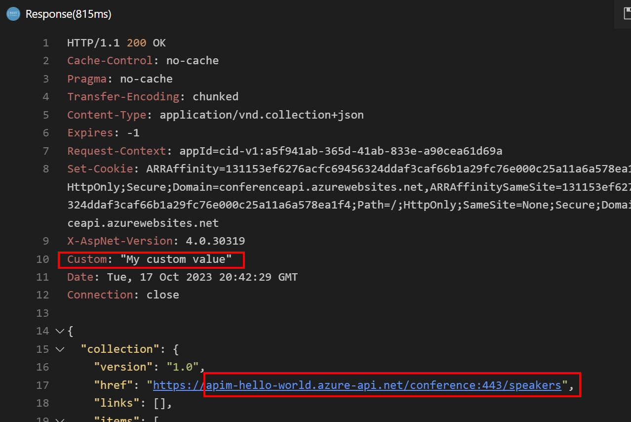 Schermopname van het API-testantwoord in Visual Studio Code.