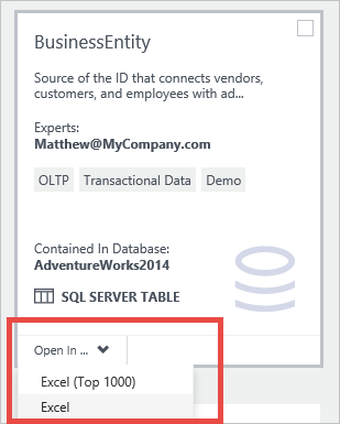 Open een SQL Server-tabel in Excel vanaf de tegel gegevensasset door het tabblad Openen in te selecteren.