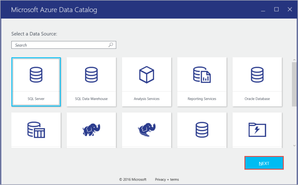 Op de pagina Microsoft Azure Data Catalog is de knop SQL Server geselecteerd. Vervolgens wordt de volgende knop geselecteerd.