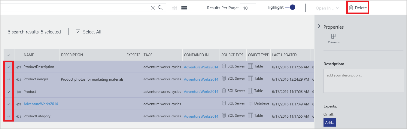 Azure Data Catalog - meerdere gegevensassets verwijderen