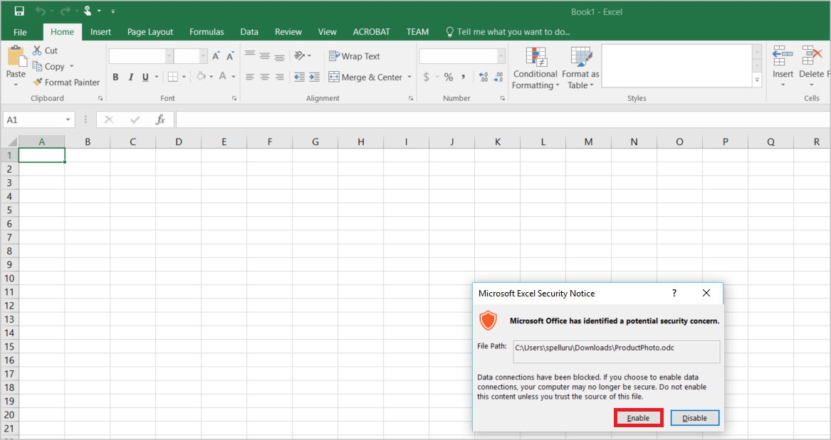 In het pop-upvenster beveiligingskennisgeving van Microsoft Excel is de knop Inschakelen geselecteerd.