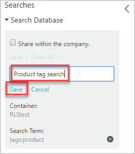 In het zoekvenster is 'Zoeken naar producttags' ingevoerd als een naam voor de zoekopdracht. Vervolgens is de knop Opslaan geselecteerd.