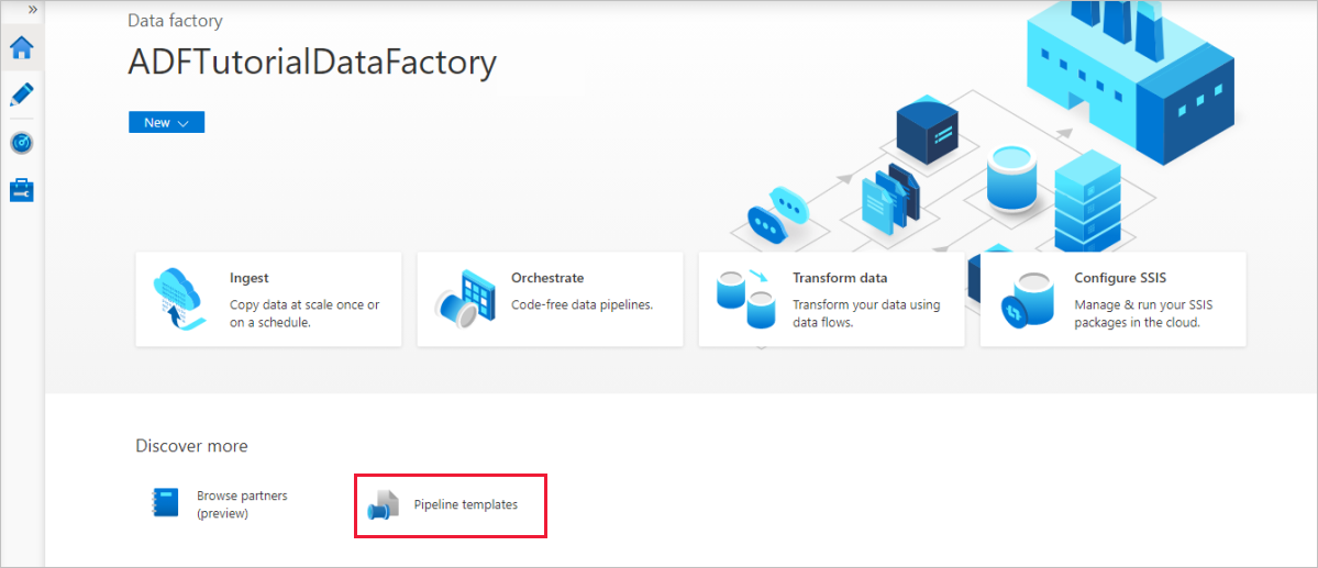 Zrzut ekranu przedstawiający sposób otwierania galerii szablonów na stronie głównej usługi Data Factory.