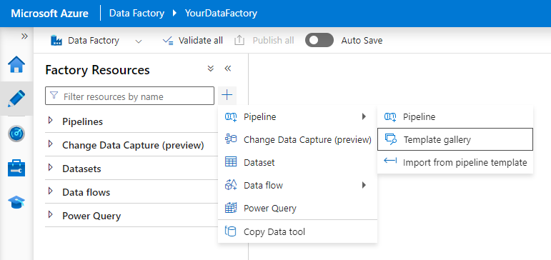 Zrzut ekranu przedstawiający sposób otwierania galerii szablonów na karcie Tworzenie w usłudze Azure Data Factory Studio.