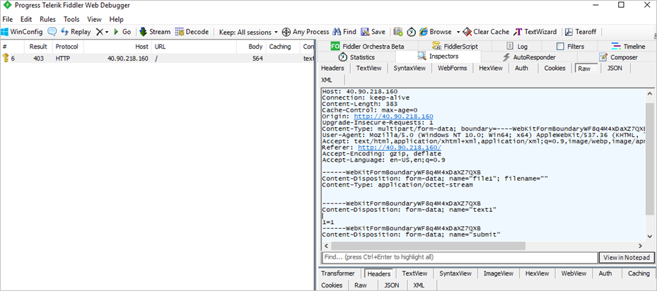 Zrzut ekranu przedstawiający debuger sieci Web Programu Telerik Fiddler. Na karcie Raw (Nieprzetworzone) wartość 1 = 1 jest widoczna po tekście nazwy1.