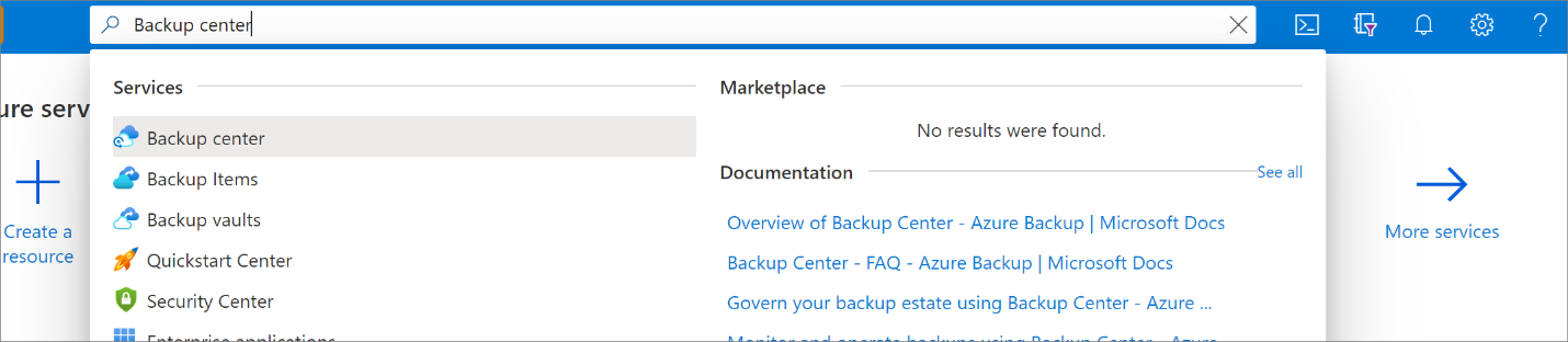 Captura de tela que mostra onde procurar e selecionar o ''Centro de backup''.