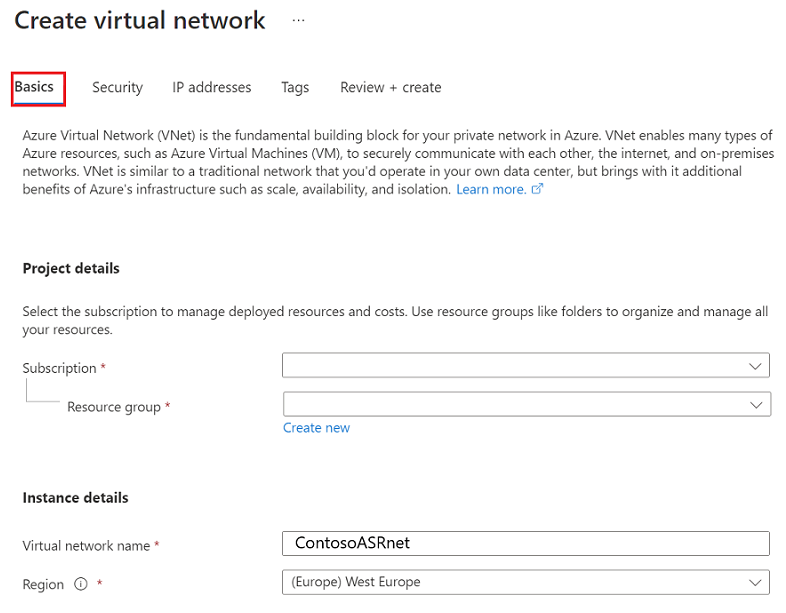 Captura de tela que mostra as opções Criar rede virtual.