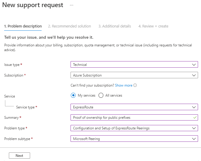 Captura de tela de uma nova solicitação de suporte para prova de propriedade para prefixos públicos.
