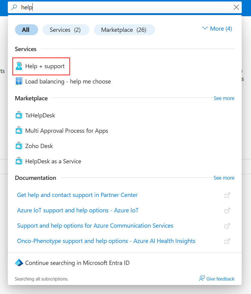 Screenshot of the Help and support page in Azure portal.