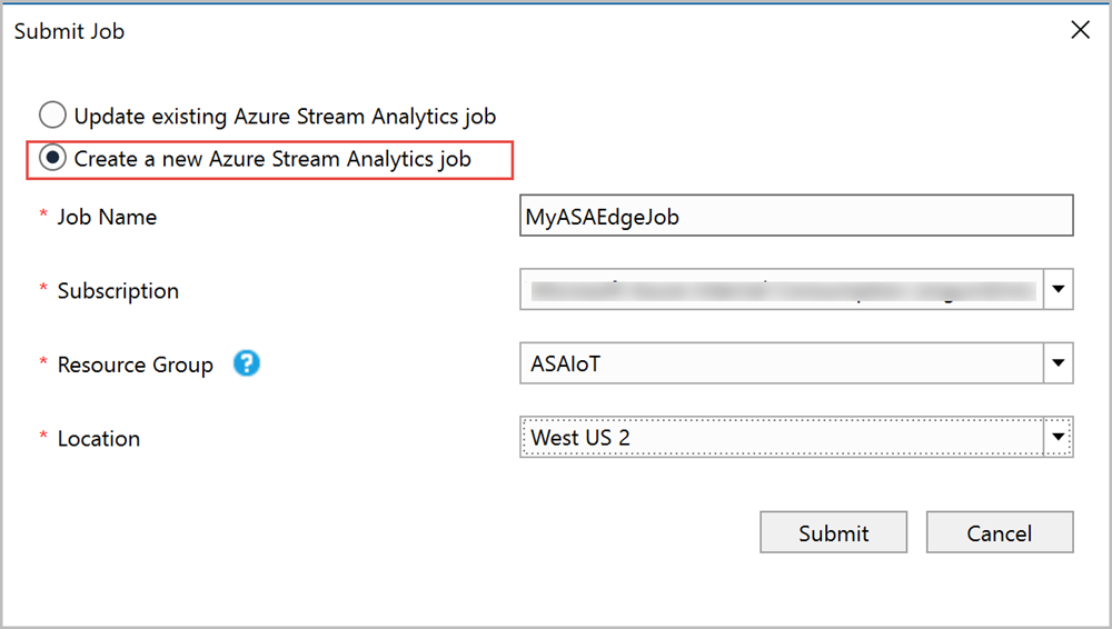 Отправка задания Stream Analytics в Azure из Visual Studio