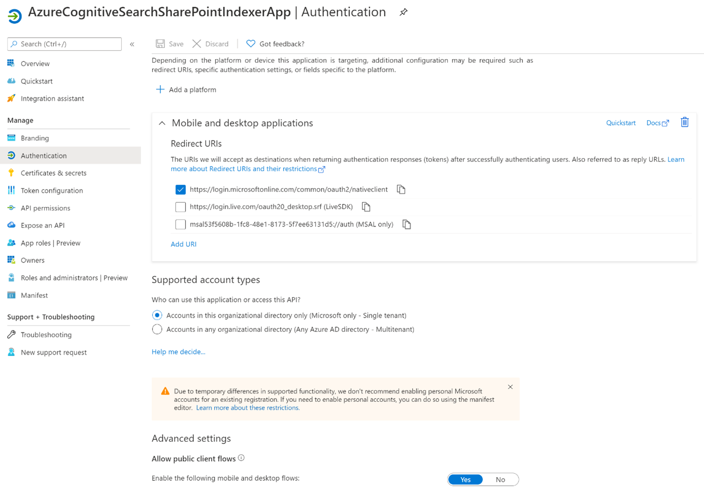 Microsoft Entra uygulama kimlik doğrulaması yapılandırmasını gösteren ekran görüntüsü.
