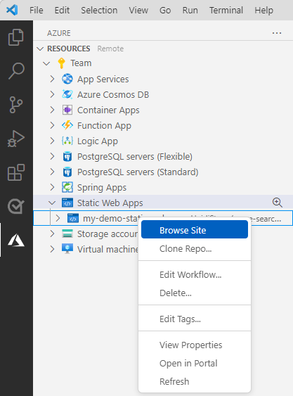 **Siteye gözat** seçeneğini gösteren Azure Static Web Apps gezginini gösteren Visual Studio Code'un ekran görüntüsü.