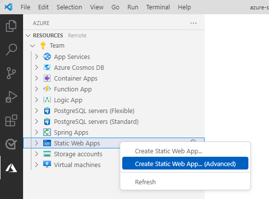 Gelişmiş statik web uygulaması oluşturma seçeneğini gösteren Azure Static Web Apps gezgininin gösterildiği Visual Studio Code'un ekran görüntüsü.