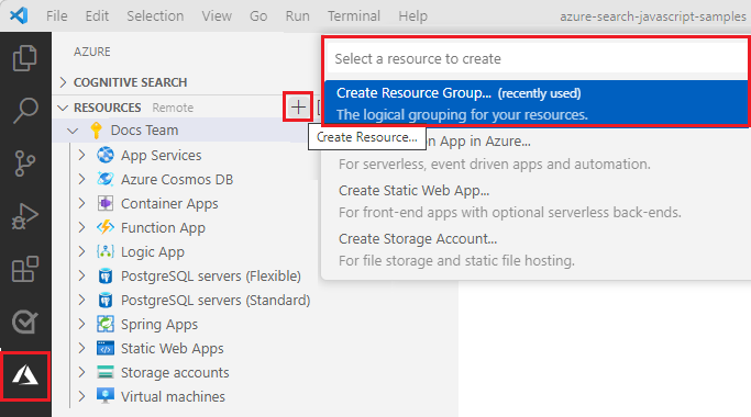 Azure gezgininde **Kaynak Grubu Oluştur** seçeneğini gösteren Visual Studio Code'un ekran görüntüsü.