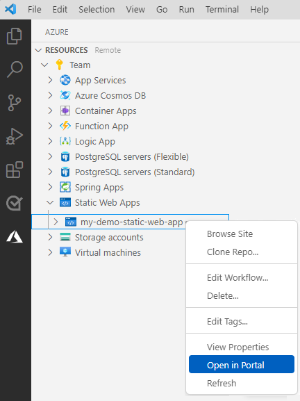 Portalda Aç seçeneğinin gösterildiği Azure Static Web Apps gezginini gösteren Visual Studio Code'un ekran görüntüsü.