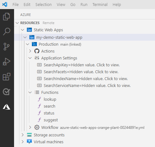 Yeni uygulama ayarlarıyla Azure Static Web Apps gezginini gösteren Visual Studio Code'un ekran görüntüsü.