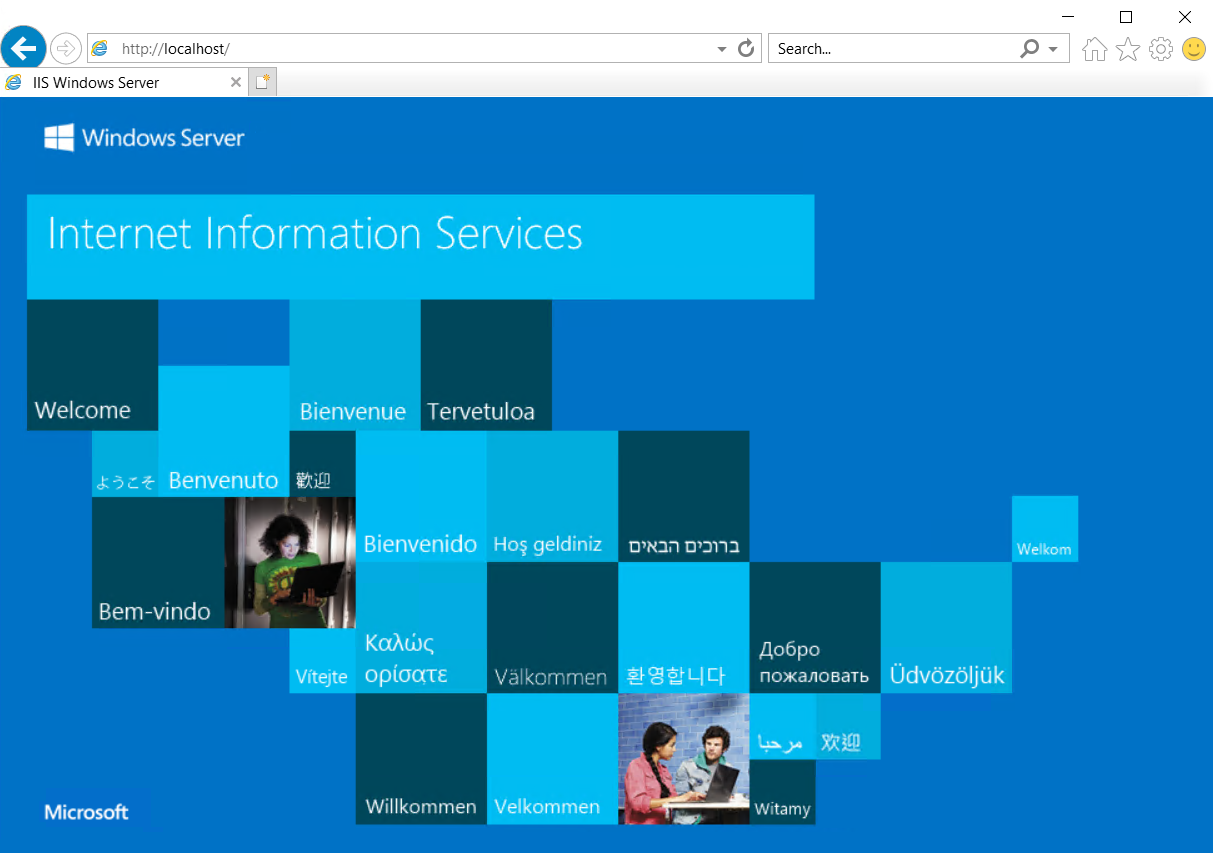 Internet Explorer 的屏幕截图，其中显示了 IIS Web 服务器默认网页。