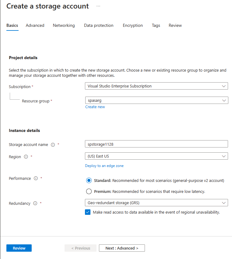 该屏幕截图显示了 Azure 门户中的“创建存储帐户”页。