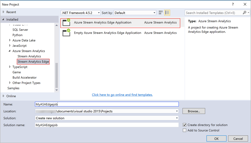 Visual Studio 中的新流分析 Edge 项目