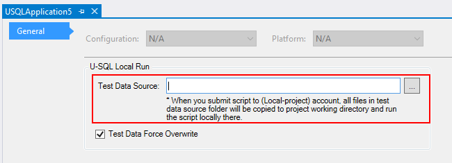 Data Lake Tools for Visual Studio – konfigurace testovacího zdroje dat projektu