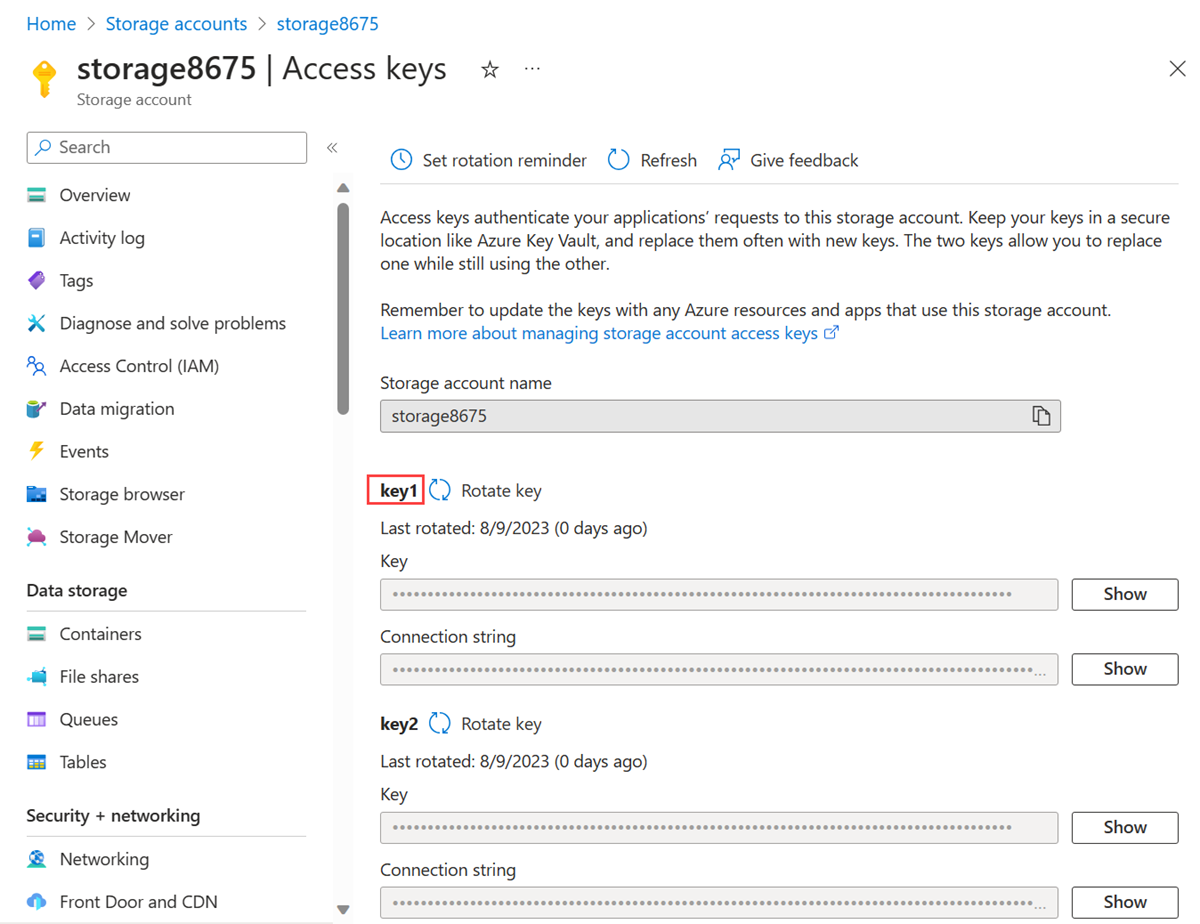 Snímek obrazovky s přístupovým klíčem účtu úložiště
