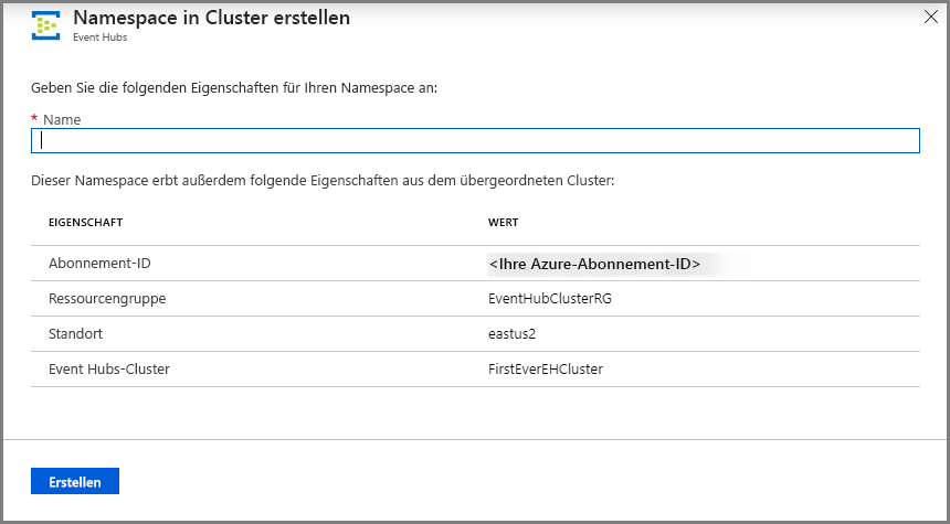 Abbildung: Seite „Namespace in Cluster erstellen“