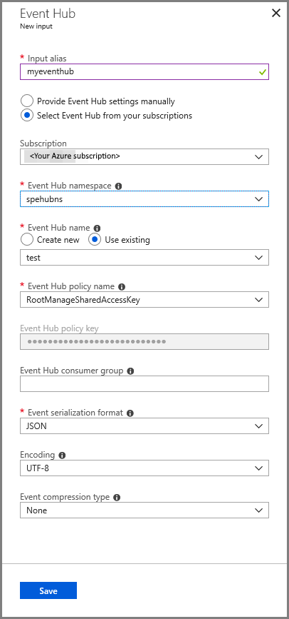 Event Hub-Eingabekonfiguration