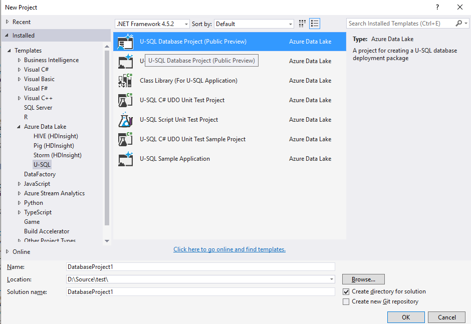 Data Lake Tools for Visual Studio--Create U-SQL database project