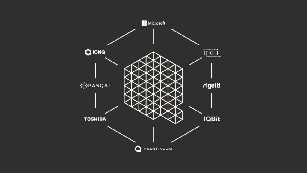 Azure Quantum partner Q graphic with 1Qbit, IonQ, Microsoft, Pasqal, QCI, Quantinuum, Rigetti and Toshiba logos.