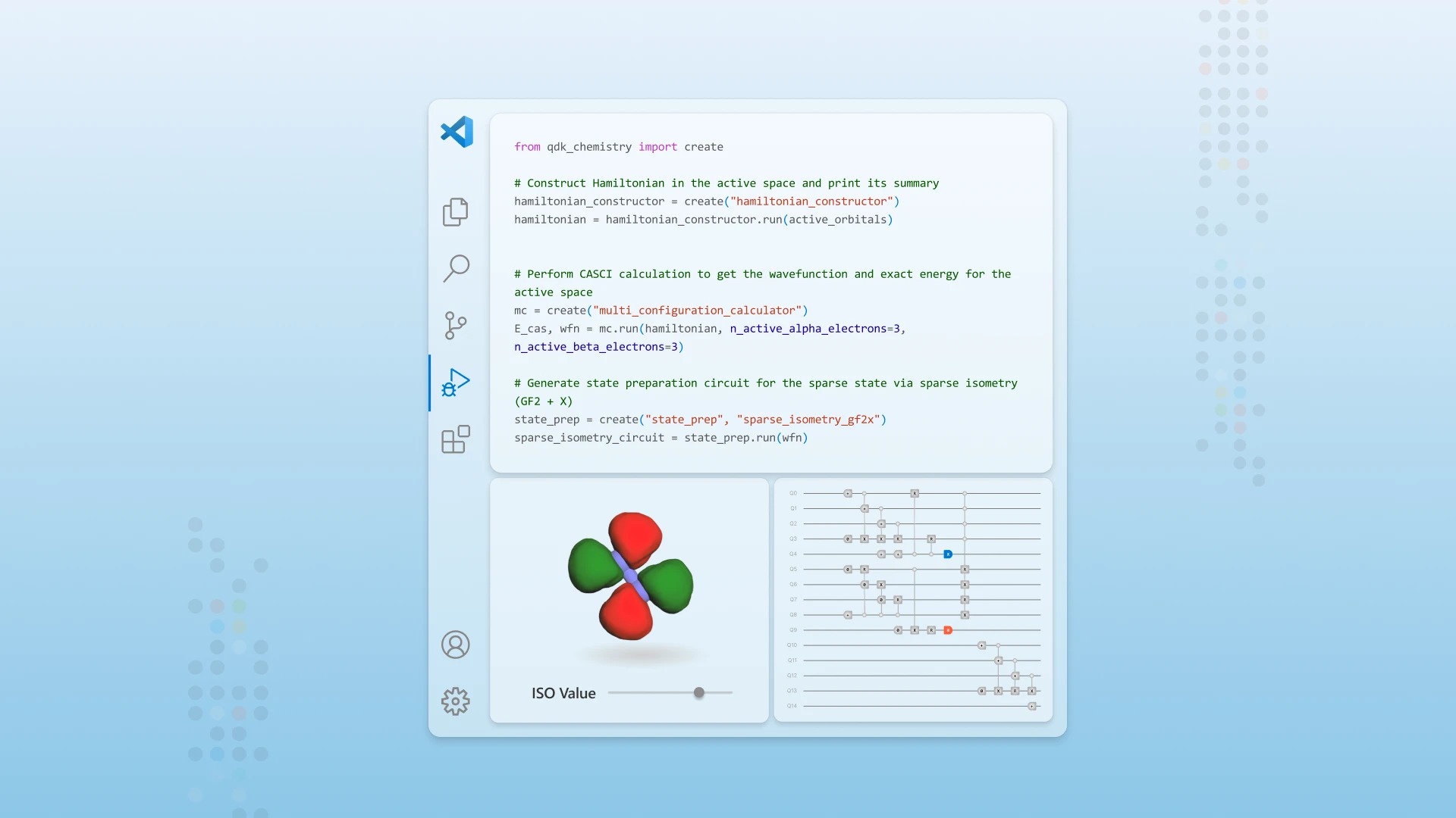 A representative image of the unified quantum application development environment in VS Code. A demonstration of the included features such as built-in visualization, circuit introspection, and AI-assisted coding capabilities is shown.