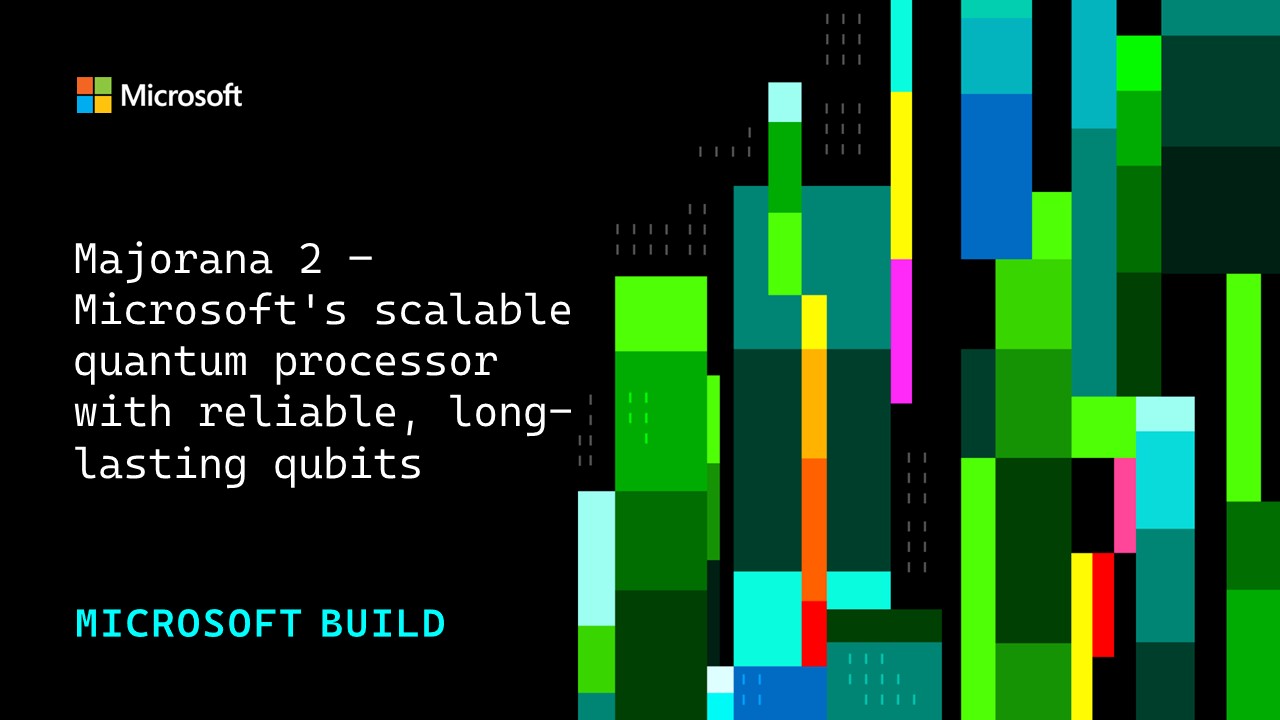 Abstract image with text "Majorana 2 – Microsoft's Scalable Quantum Processor With Reliable, Long-Lasting Qubits"