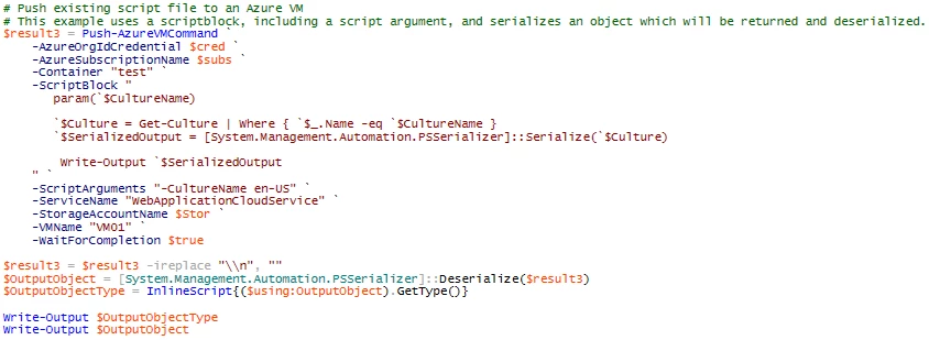 Second example Runbook using the Push-AzureVMCommand runbook. A screen shot of a computer program