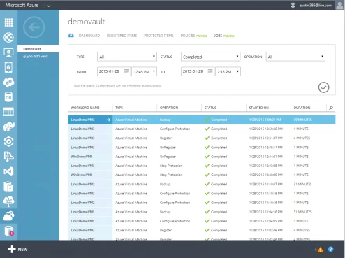 Azure Backup vault - view of Jobs page