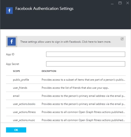 Facebook configuration settings