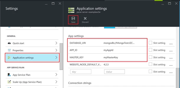 Parse application settings in the portal